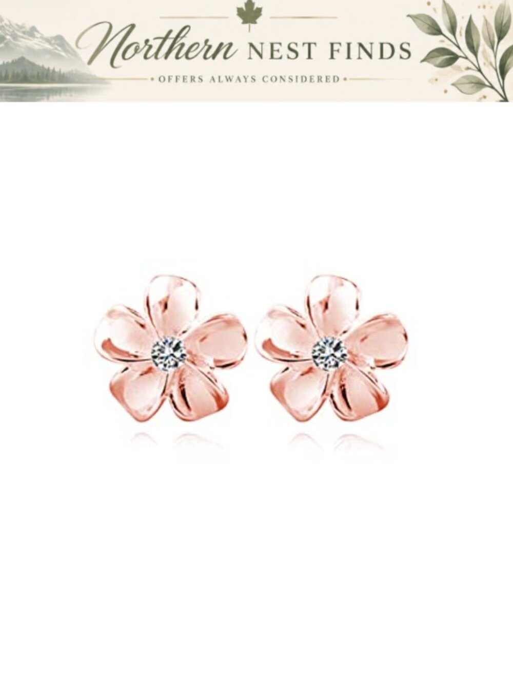Solid 925 Sterling Silver Rose Gold Plated Plumeria Stud Earrings Cubic Zirconia